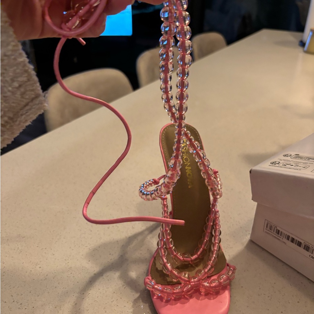 Pink Beaded Lace-Up Heel Sandal
